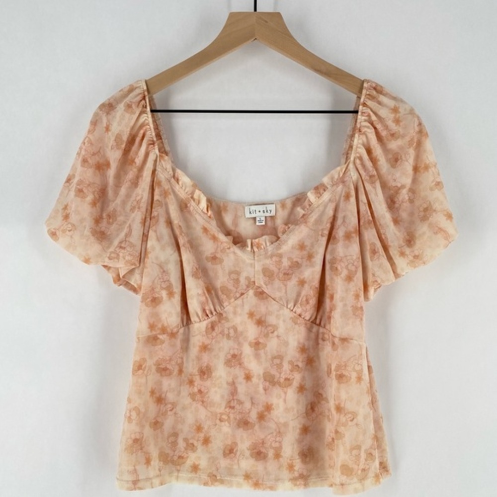 Kit & Sky Lightweight Mesh‎ Floral Print Puff Sleeve Sweat Heart BabyDoll Top